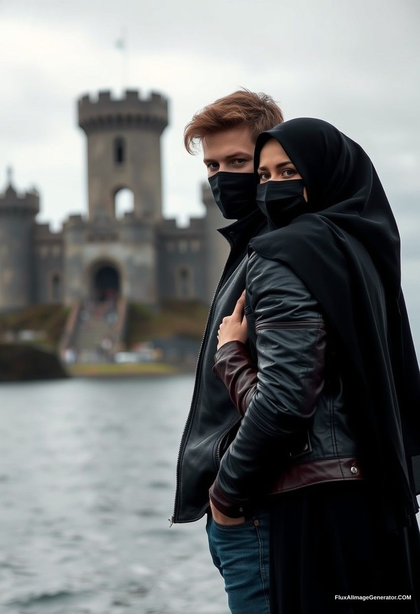 Jamie Dornan's head and body shot, handsome, youngest, face mask black, black leather jacket, jeans, dating, love with the biggest black hijab Muslim girl, not tall, beautiful eyes, face mask, maroon leather jacket, biggest black skirt, hyper realistic, studio photography, full body photo, explore at abandoned castle, at sea, gloomy scenery. - Image