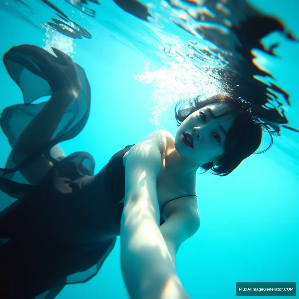 "A beautiful Japanese woman swimming, seen underwater."