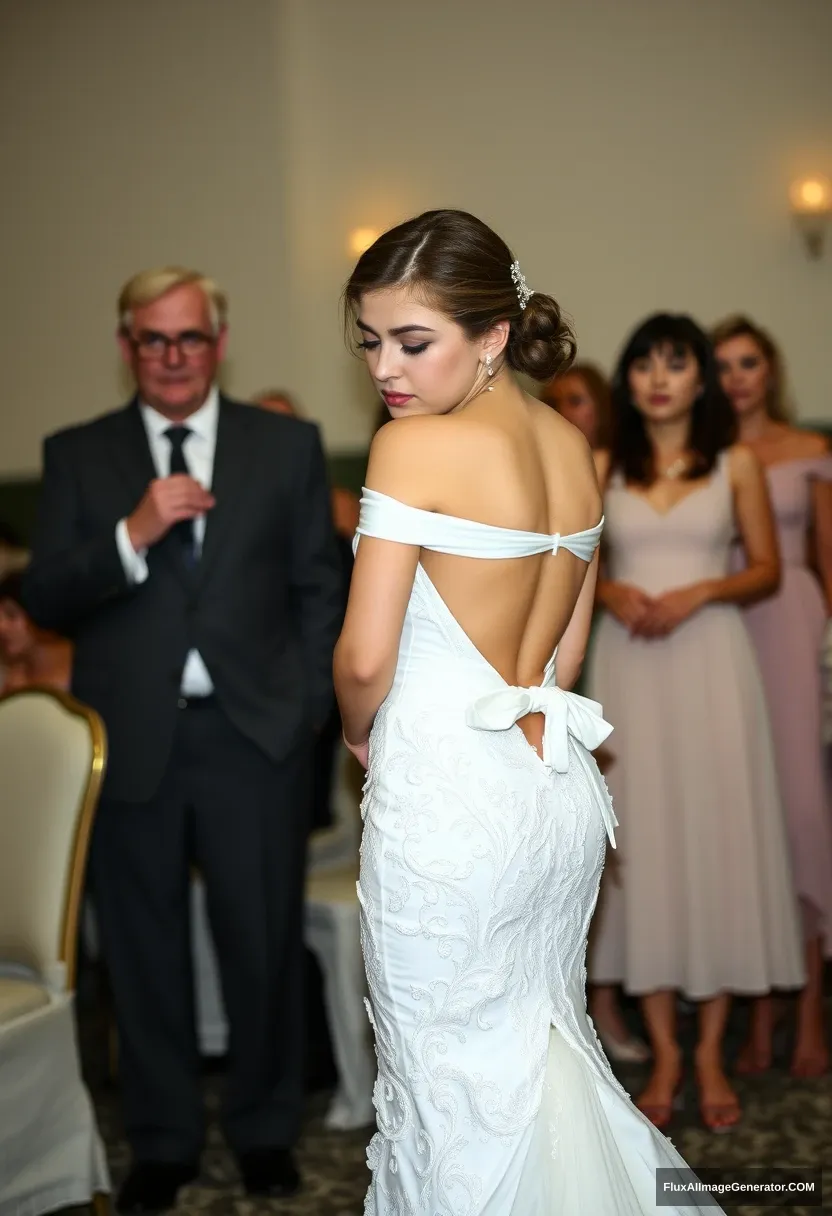 A short young woman, sensitive, delicate, ashamed, wearing an off-shoulder, backless, strapless, side-less, low-waisted, open-back contouring wedding dress that's starting to come undone, in front of elder patriarchy, expectations, anticipation. - Image