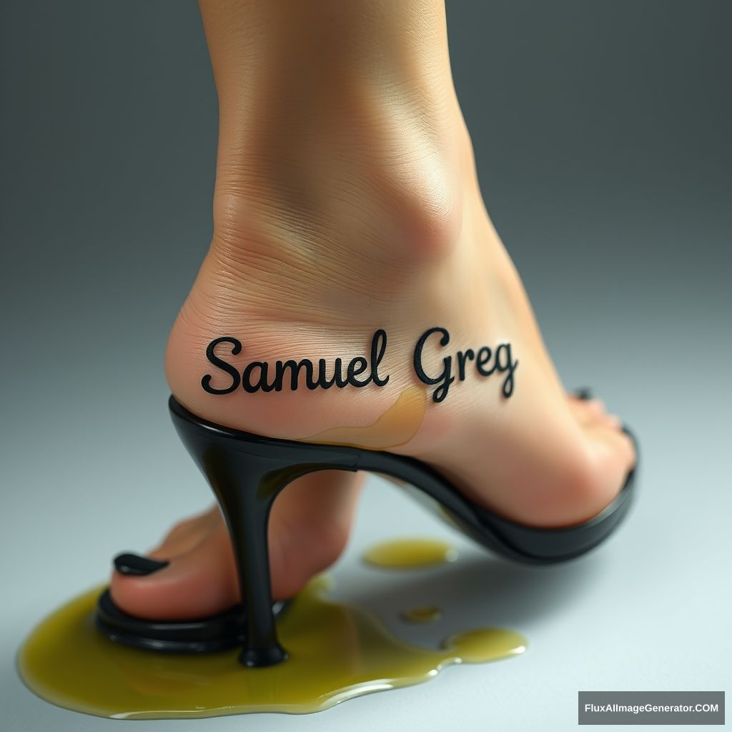 The name "Samuel Greg" on a woman's foot in a black high heel. There is oil all over the foot.