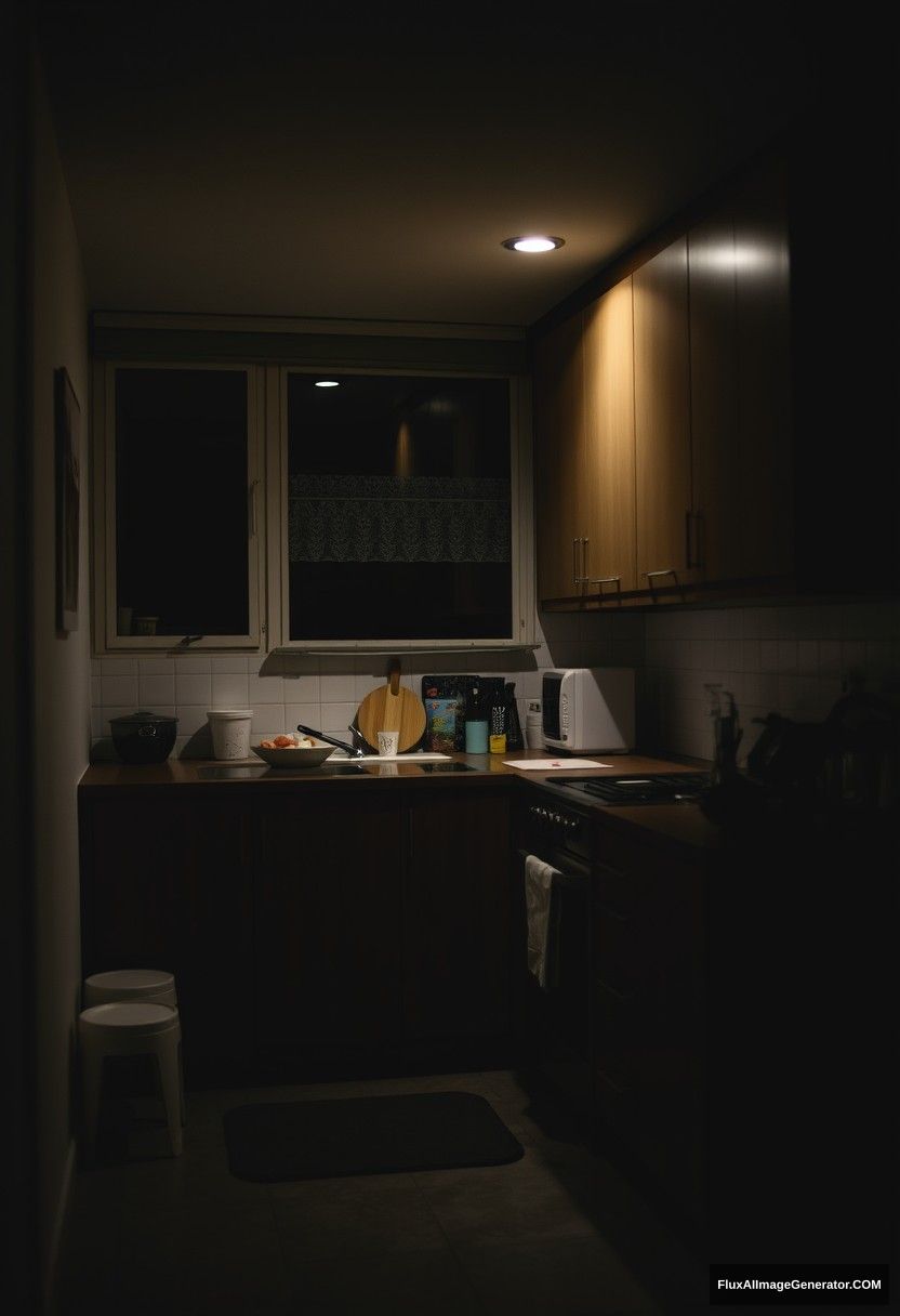 In a modern kitchen, at midnight, with gloomy lighting.