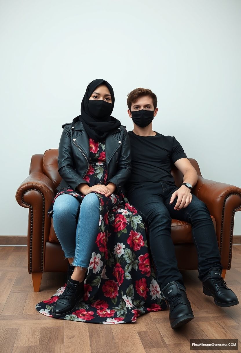 A black hijab girl, slim girl, beautiful eyes, face mask black, black leather jacket, biggest floral long dress, black leather sneaker, sitting on leather single wing sofa, Jamie Dornan, youngest, black T-shirt, jeans, black leather sneaker, tall man, face mask black, fit body, sitting near her, hyper realistic, studio photography.