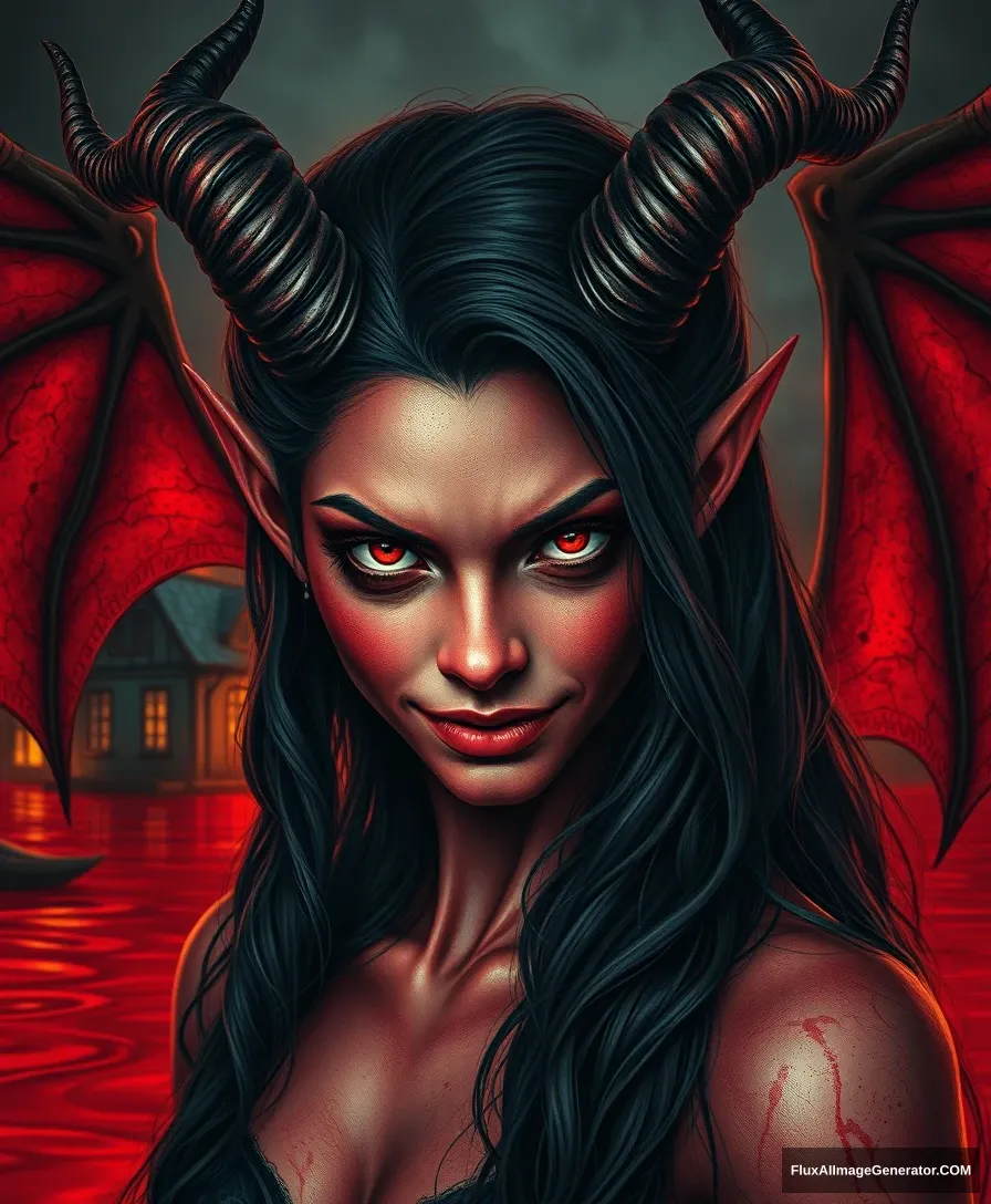 realistic red-skinned demon girl, long black wavy hair, twisted horns, demon girl, evil smirk, drawing, red water, demon wings in the background, background of a burning house, a lot of small details, hyper detail, acceleration, speed, dark exposure, the highest quality, the highest detail, ambient lighting, intricate, exquisite details and textures, sharp focus, high resolution, detailed eyes, 8k uhd, nikon d850, high quality, film grain, hyper realistic skin (detailed skin:1.3), dynamic poses. - Image