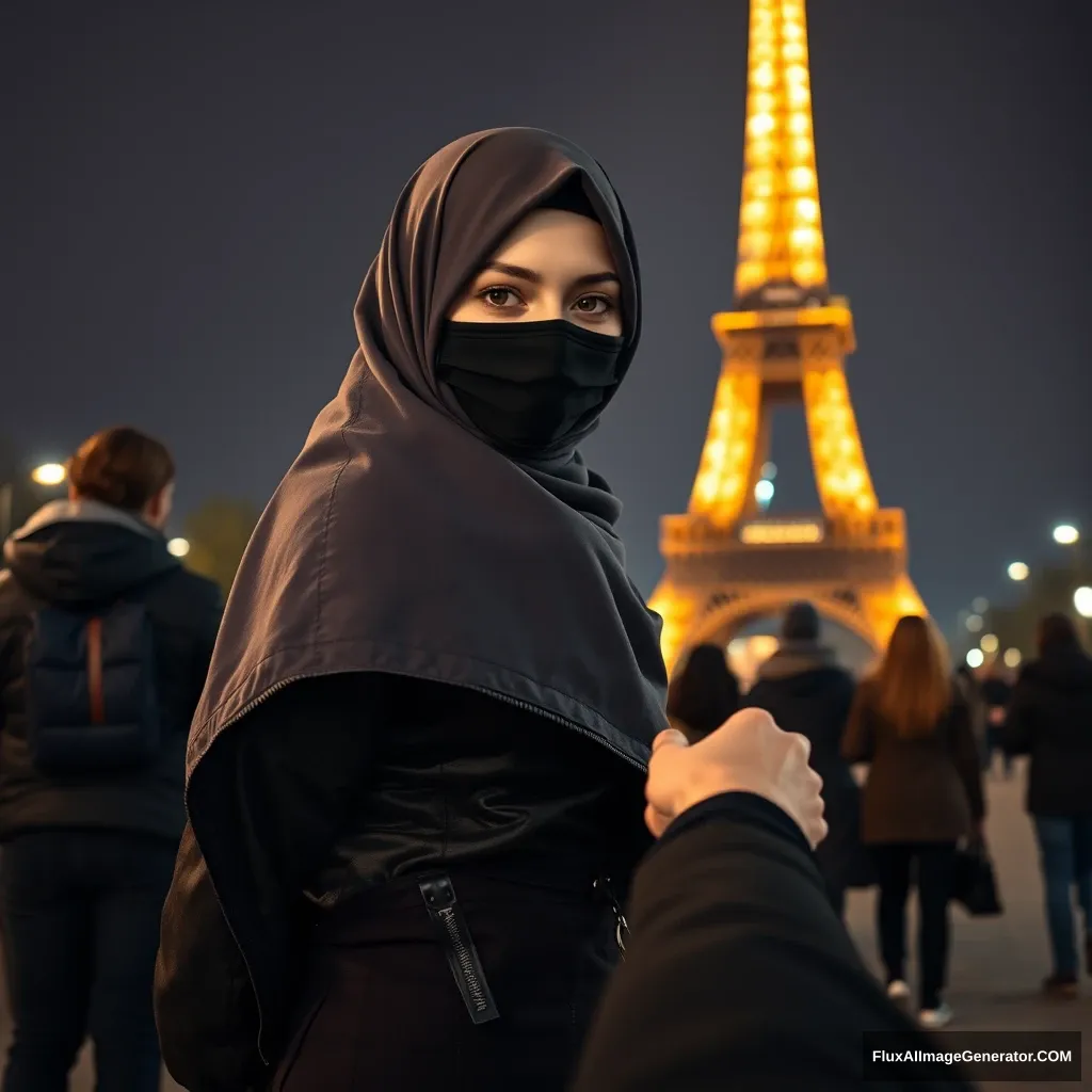 Biggest grey hijab Muslim girl, beautiful eyes, black face mask, leather jacket, largest longest skirt, standing near the Eiffel Tower, night scenery, strangers' backs, hyper-realistic, photorealistic, street photography, holding someone's hand from the opposite side. - Image