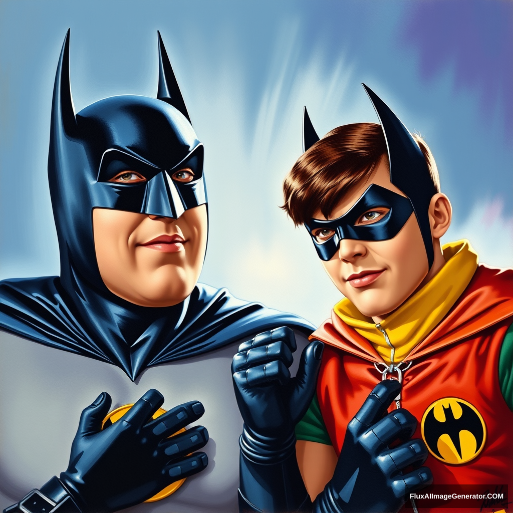 Adam West as Batman and Burt Ward as Robin poster, a painting by Arthur Sarnoff, 4k. - Image