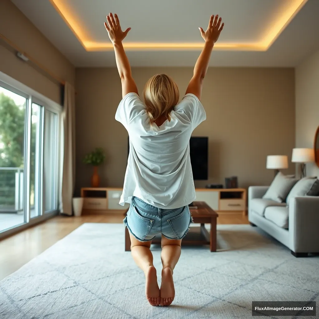 Side view of a skinny blonde woman in her huge living room, wearing an excessively oversized white t-shirt that is uneven on one of the sleeves, along with oversized light blue denim shorts. She is barefoot and facing her TV, diving headfirst with both arms raised beneath her head and her legs up in the air, positioned at a -60 degree angle. - Image