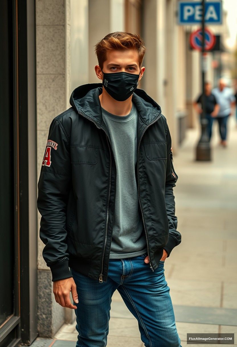 Jamie Dornan, young, black face mask, capital A collage jacket, jeans, red sneakers, hyper realistic, street photography, full photography.