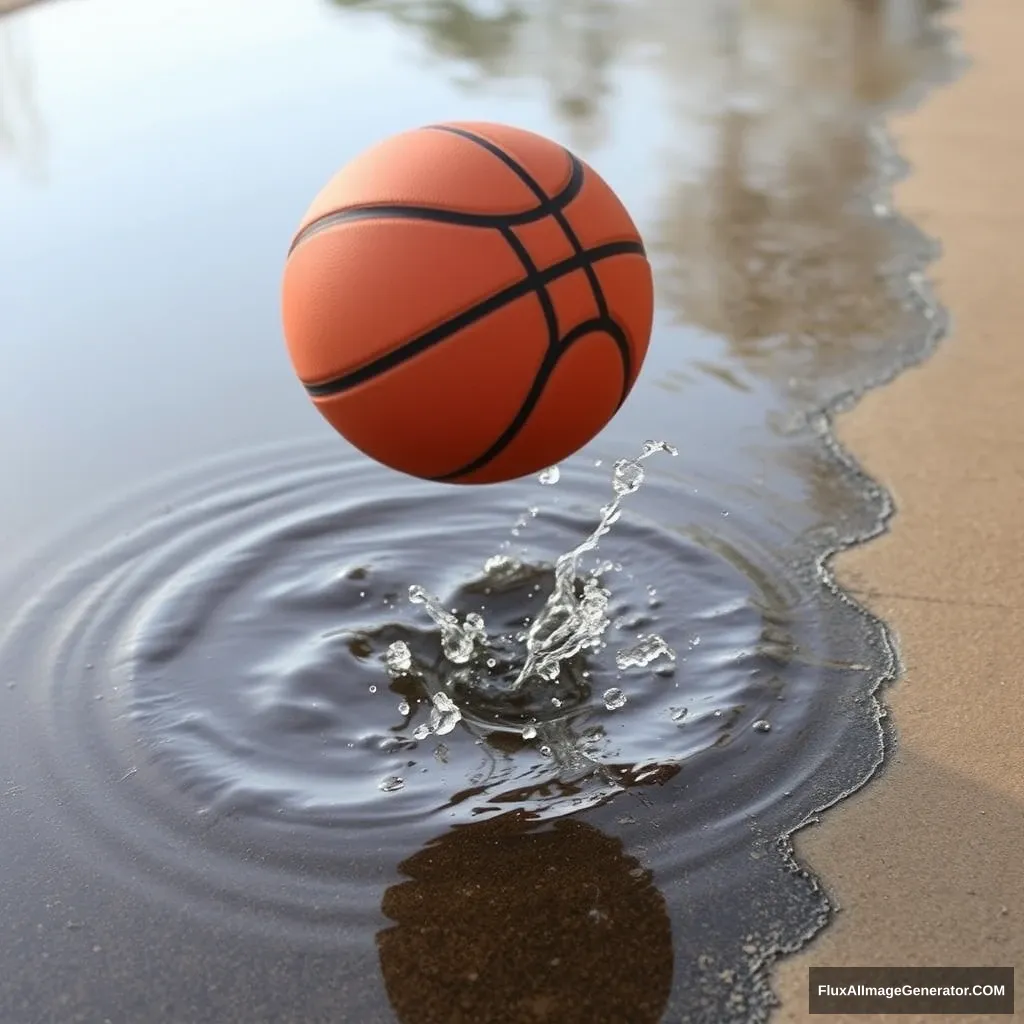 A basketball falling into a puddle of water - Image