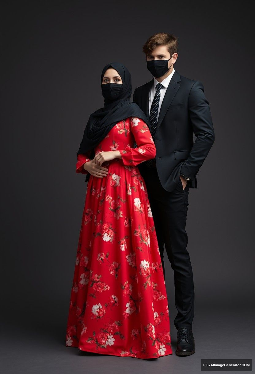 A biggest black hijab girl, beautiful eyes, black face mask, the biggest red floral longest dress, not tall, standing near him, love holding his arm,

Jamie Dornan body and face shot, handsome, youngest, black face mask, fit and tough body, black coat suit, white shirt, black patterned tie, tall man, black shoes, love standing near her, love couple

Hyper-realistic, studio photography, photorealistic