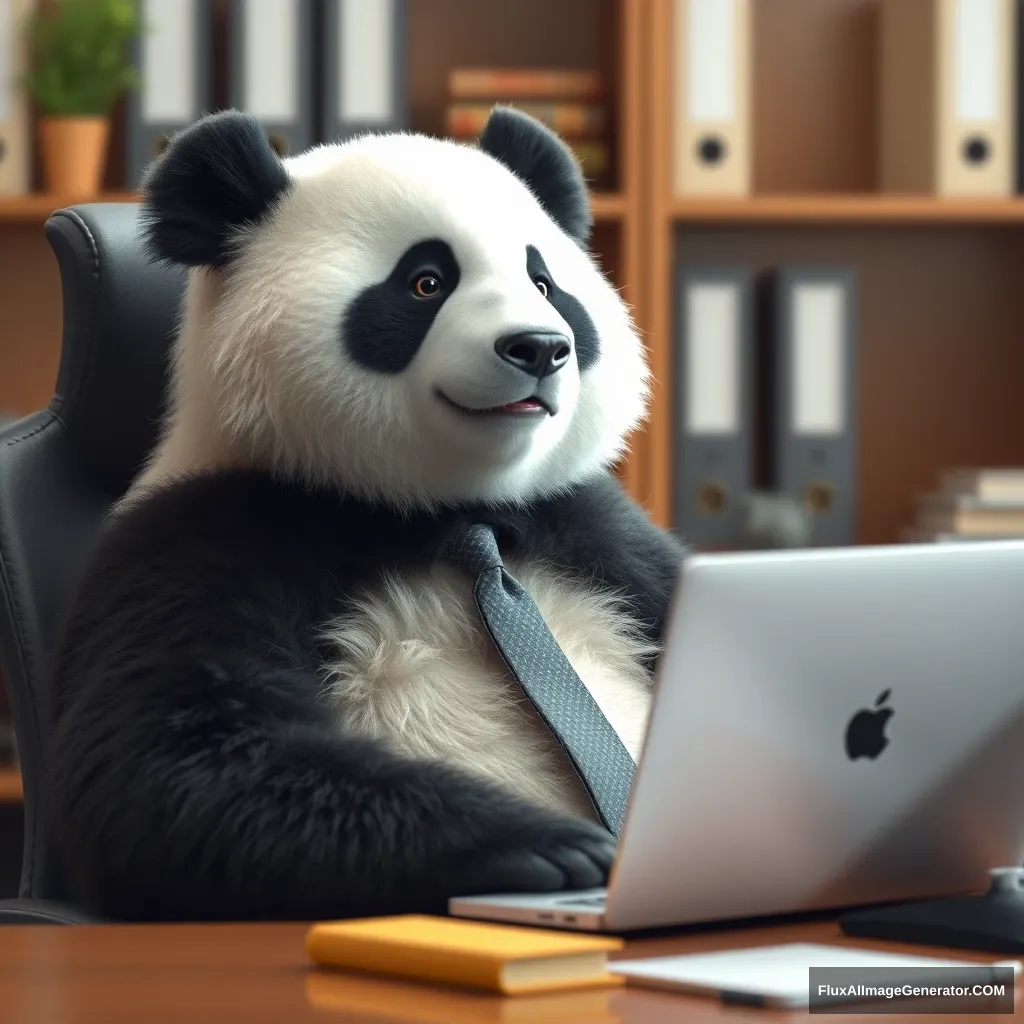 A panda sits in an office and hates his job. - Image