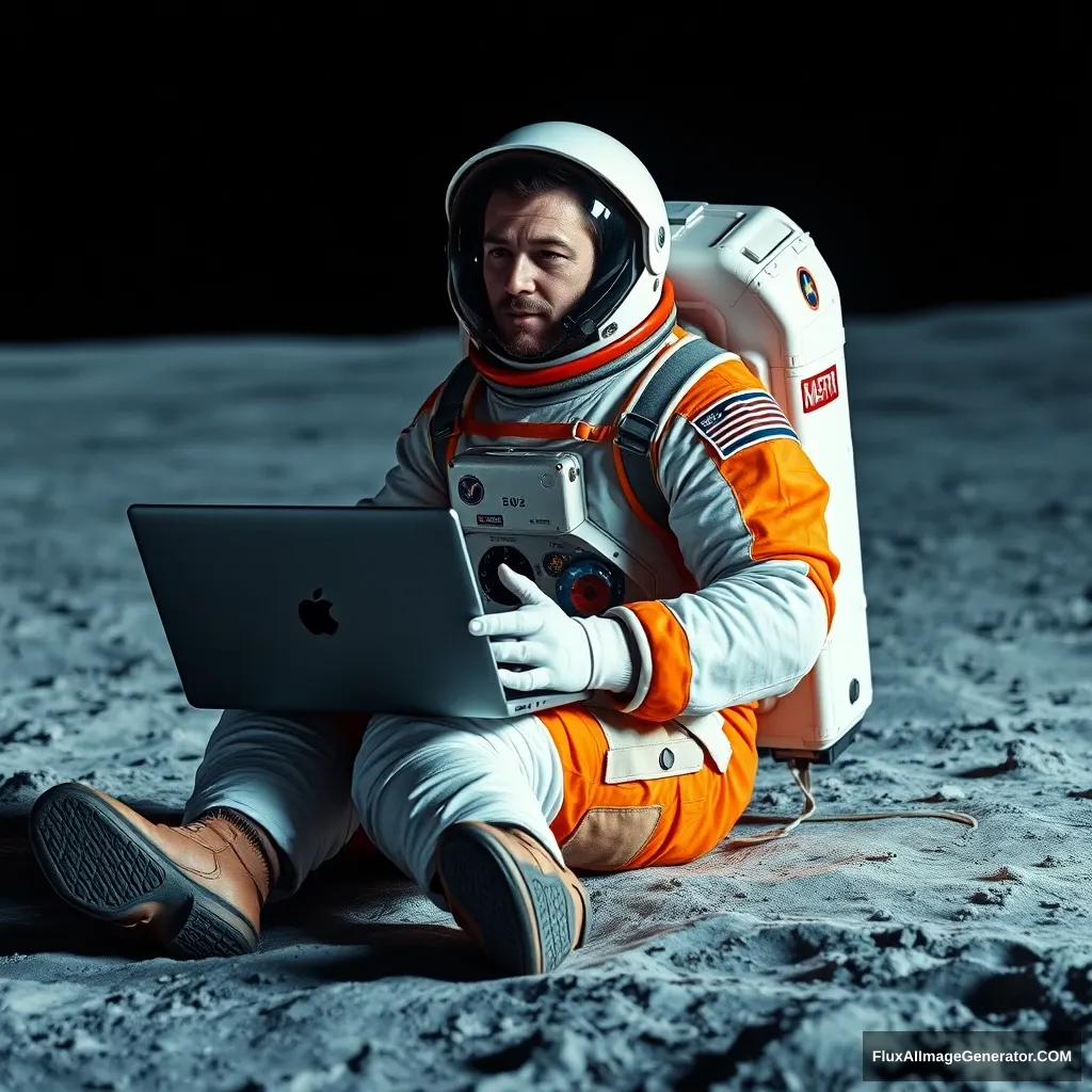 The image shows an astronaut sitting on the surface of the moon, holding a laptop in his hands. He is wearing an orange and white suit with a helmet and a backpack on his back. The astronaut appears to be deep in thought, with a focused expression on his face. The background is a.