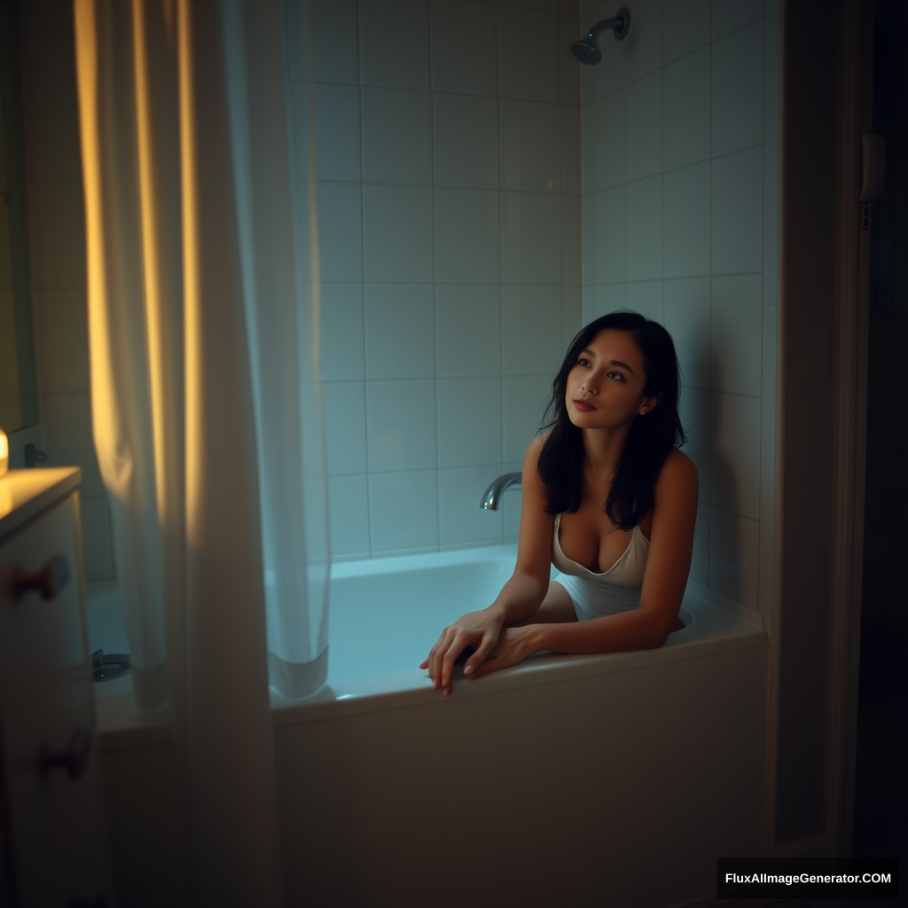 The bathroom was dimly lit, with the light from the vanity giving off a warm glow, creating a soft atmosphere around the woman’s calm face. She sat comfortably on the edge of the bathtub, her hands resting on the tub, lost in thought. The shower curtain was half open, revealing a misty glass, and the tiled floor shimmered due to the humidity.