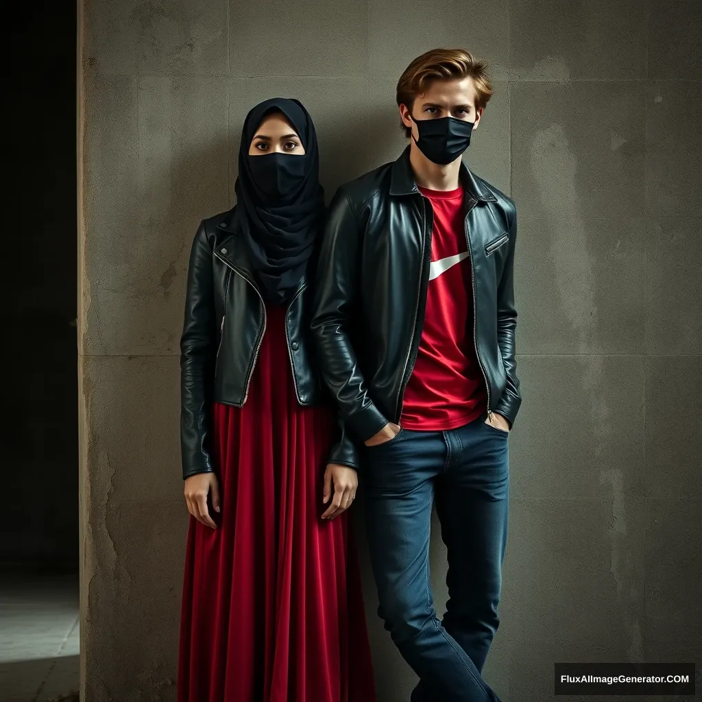 A big black hijab girl, beautiful eyes, black face mask, black leather jacket, a long, flowing red dress, not very tall.

Jamie Dornan, handsome, black face mask, fit and strong body, red Nike t-shirt, black leather jacket, jeans, tall man.

Standing lean against the wall together, hyper-realistic, photorealistic, studio photography, Victoria's abandoned castle, gloomy, dark. - Image