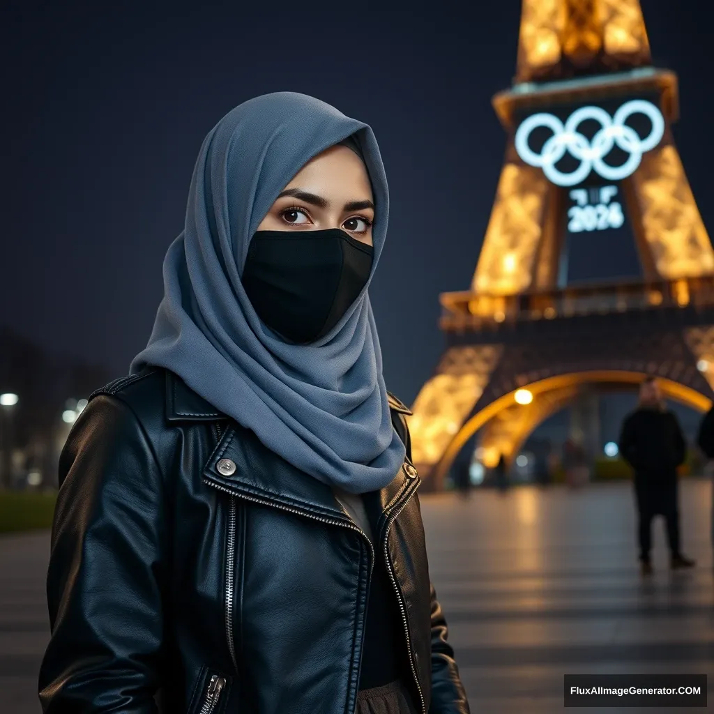 A big grey hijab Muslim girl, beautiful eyes, black face mask, black leather jacket, longest skirt, standing near the Eiffel Tower, theme Olympic logos, night scenery, hyper-realistic, street photography.