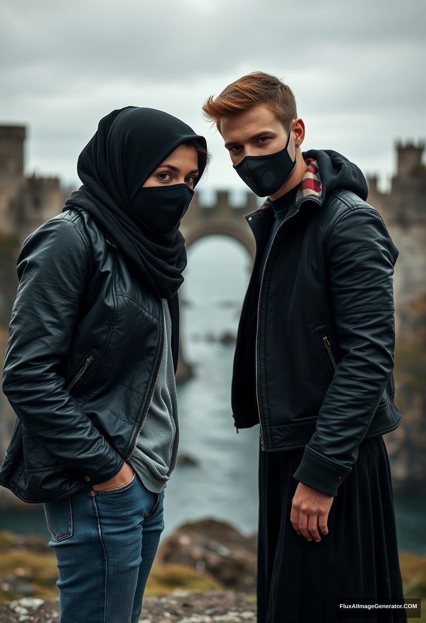 Jamie Dornan's head and body shot, handsome, youngest, black face mask, black leather jacket, jeans, dating, love with the biggest black hijab Muslim girl, not tall, beautiful eyes, face mask, maroon leather jacket, biggest black skirt, hyper-realistic, studio photography, full body photo, explore at an abandoned castle, at sea, gloomy scenery.