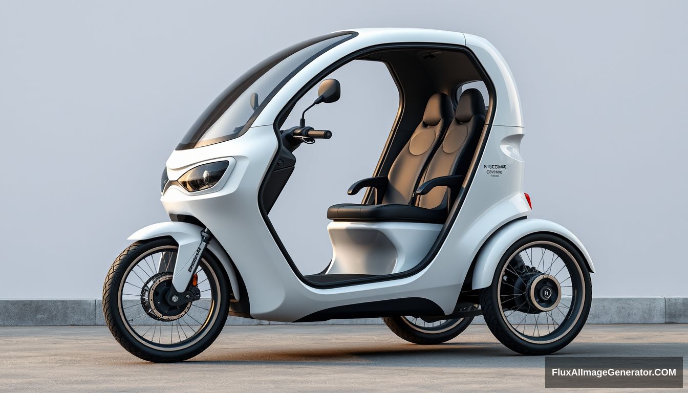 3-wheeled, enclosed concept scooter, (just 2 wheels in front), (only 1 in back), 4k, wide bicycle wheels, detailed.