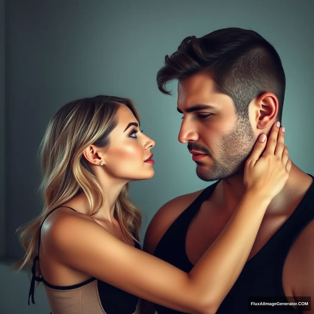 A pretty small delicate and slim lady hypnotizing her much bigger and muscular boyfriend in a session, looking directly into his eyes, her eyes are powerful and hypnotic, he is entranced. - Image