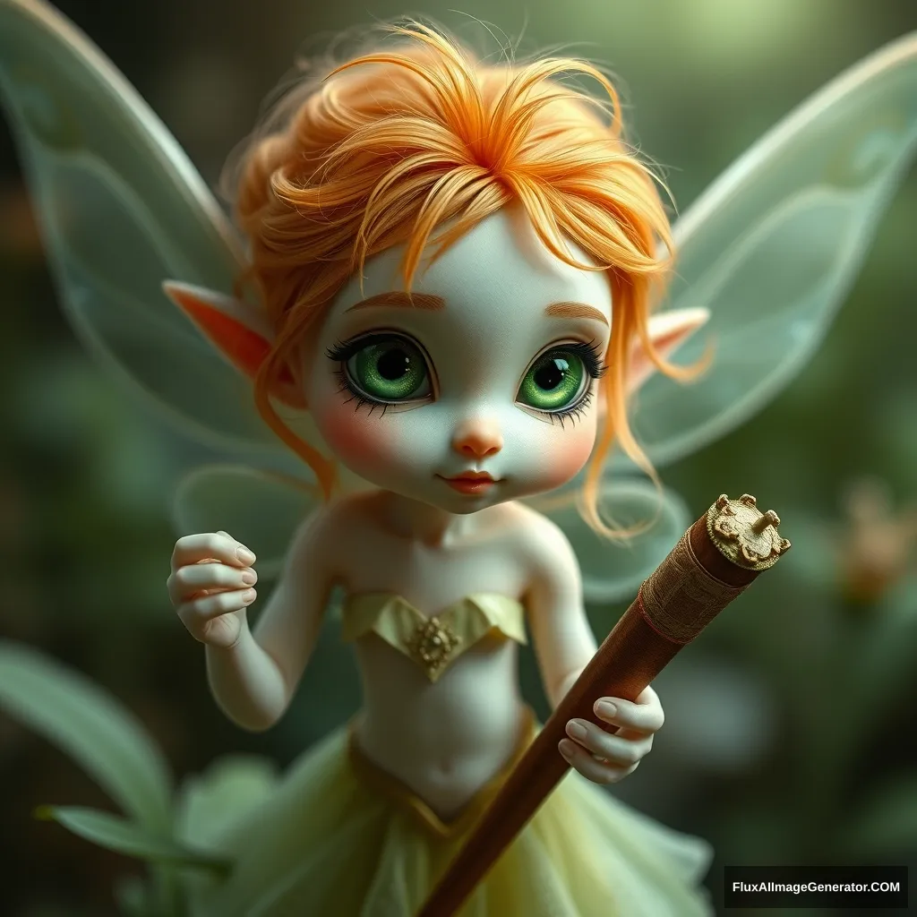 A cute white ginger fairy with green features looking at a cigar taller than her.