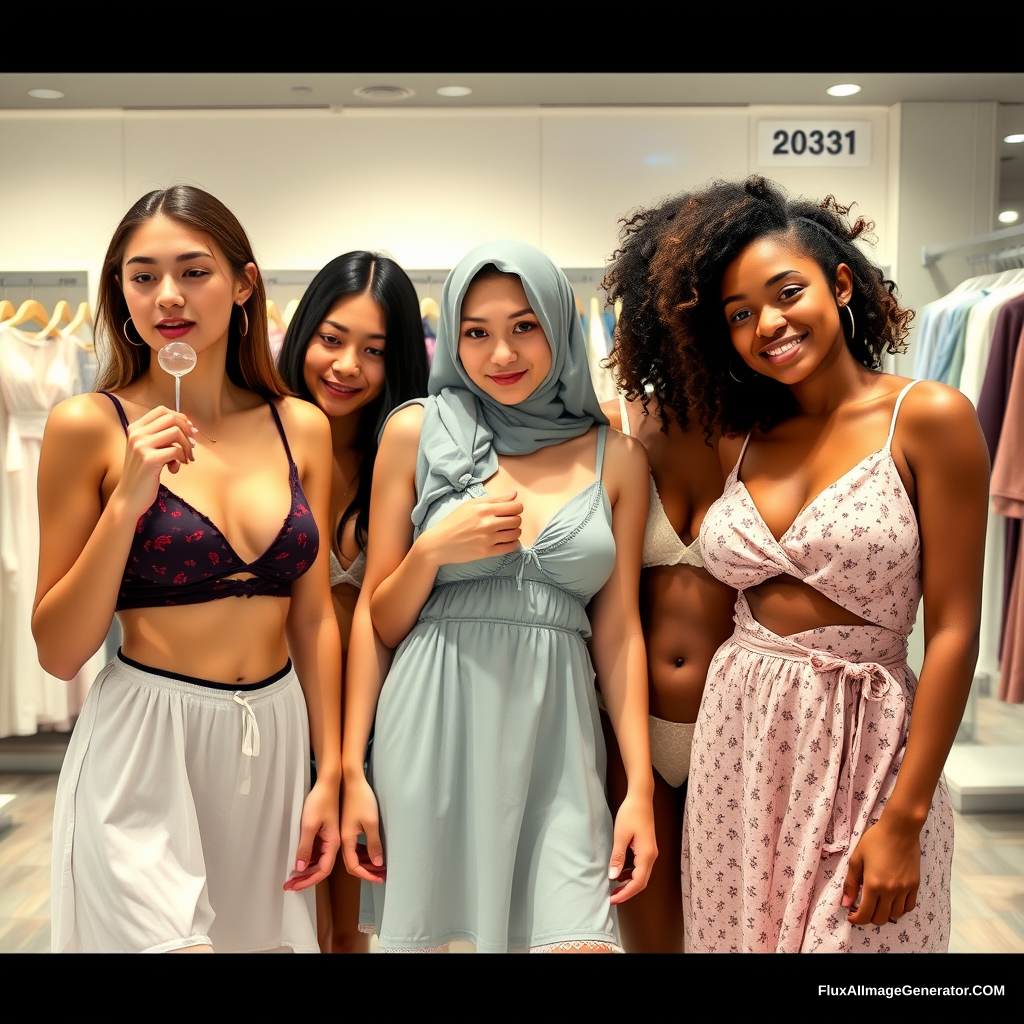 Three skinny, swollen-chested female college students, each from different ethnic backgrounds, trying on nightwear in a store.