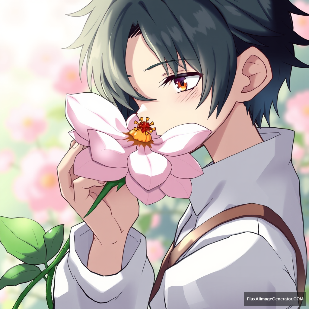 The protagonist holds a blooming flower, carefully observing the beauty of its petals.