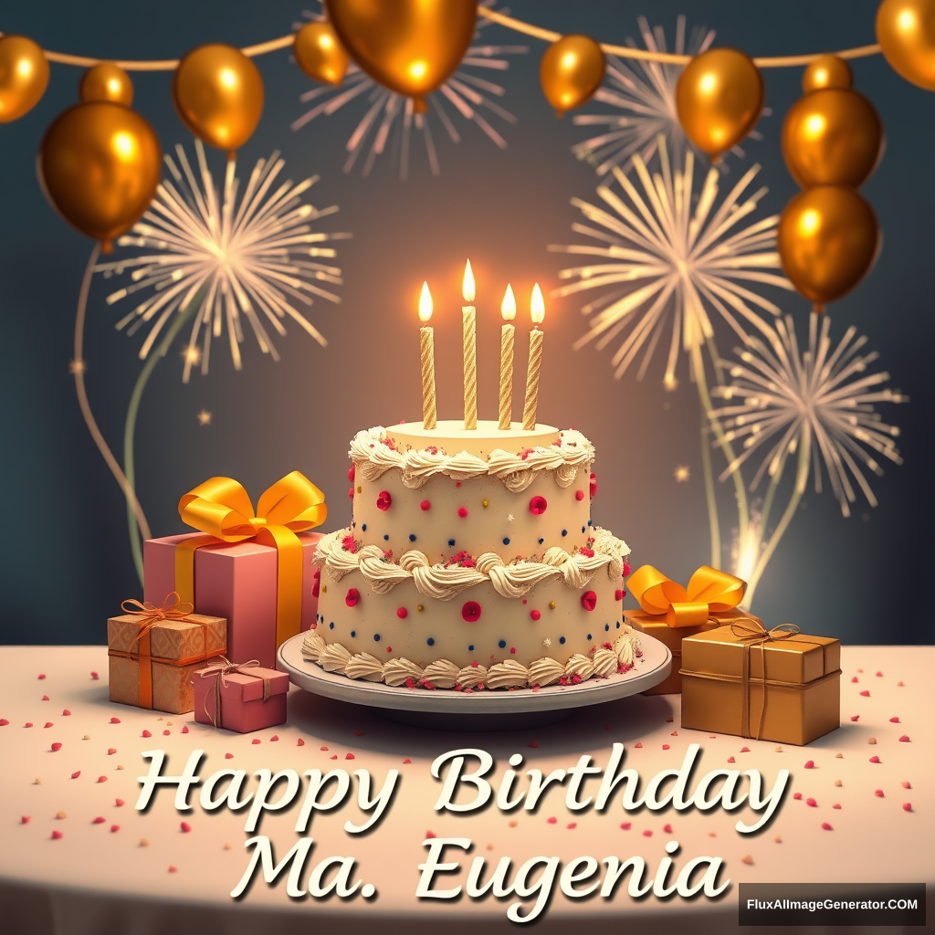 A 2 tiered birthday cake, 5 candles, gifts decorate the table, golden balloons float and fireworks accompany them in the background. A beautiful phrase reads "Happy Birthday Ma. Eugenia".