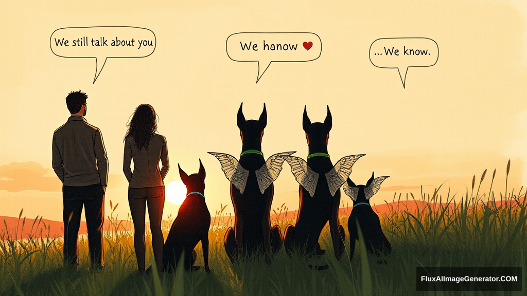 Messy, pencil sketch color illustration: 4 silhouetted figures—2 male, 2 female—stand in a lush meadow at golden hour. 3 ethereal, winged dobermans sit beside them. Facing away from the viewer. Speech bubbles float above: "We still talk about you" (human), "We know" (dog). Nostalgic atmosphere, convey wistful longing.