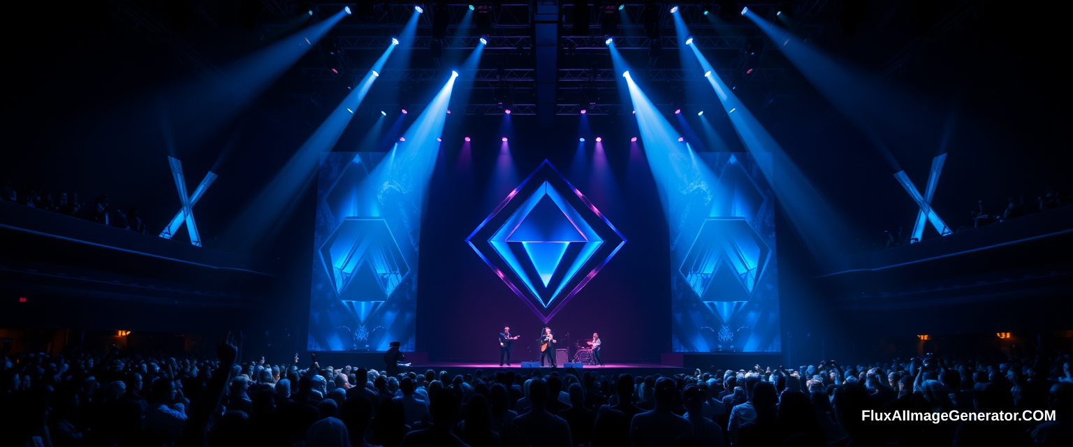 Diamond-inspired music stage, dark blue tones, spot lights, crowded audience, luxurious. - Image