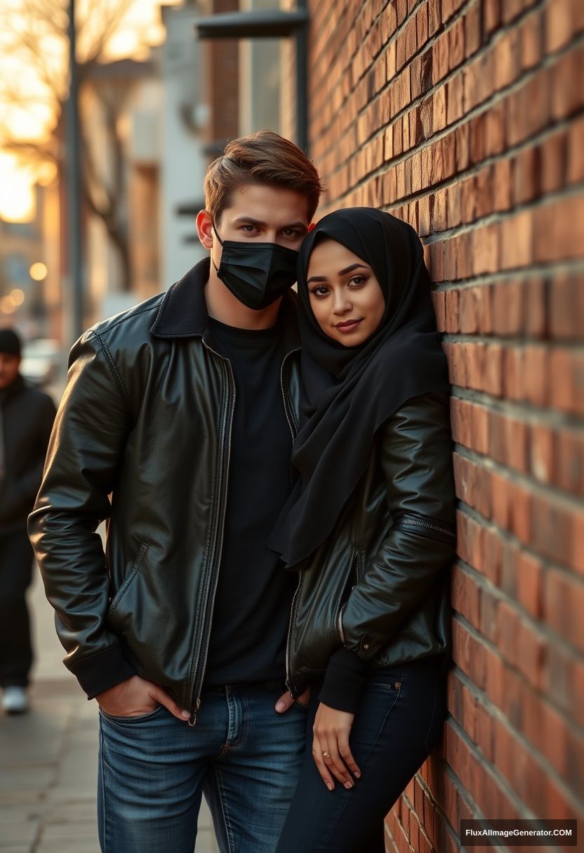 Jamie Dornan, handsome, young, black face mask, collage jacket, jeans, dating a romantic love with the biggest black hijab Muslim girl, beautiful eyes, black face mask, black leather jacket, standing leaning against a brick wall, town, morning scenery, sunrise, photorealistic, street photography.