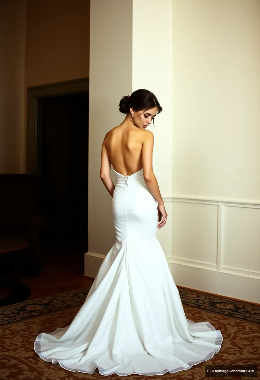 a short young woman, sensitive, delicate, ashamed, backless strapless side-less low-waisted open-back contouring wedding dress with a too-loose top that seems like it's spilling, in front of patriarchy, expectations - Image