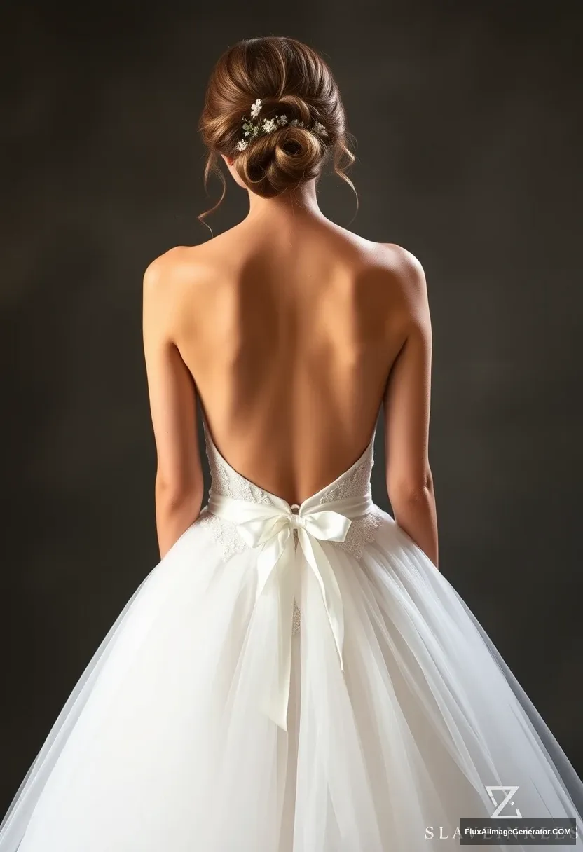 A young woman, sensitive, delicate, ashamed, backless strapless low-waisted airy tutu-inspired wedding dress.