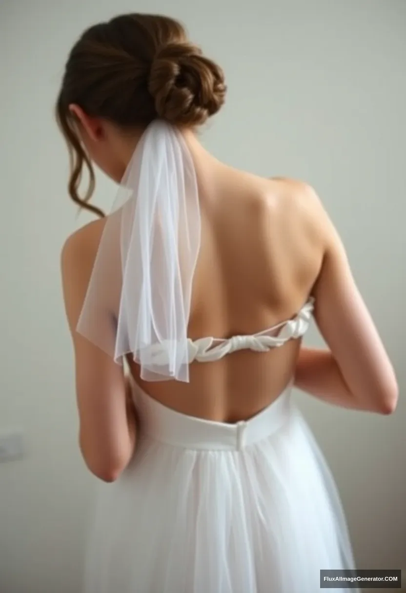 A young woman, sensitive, delicate, ashamed, wearing a backless, strapless, low-waisted, airy tutu-inspired wedding dress.