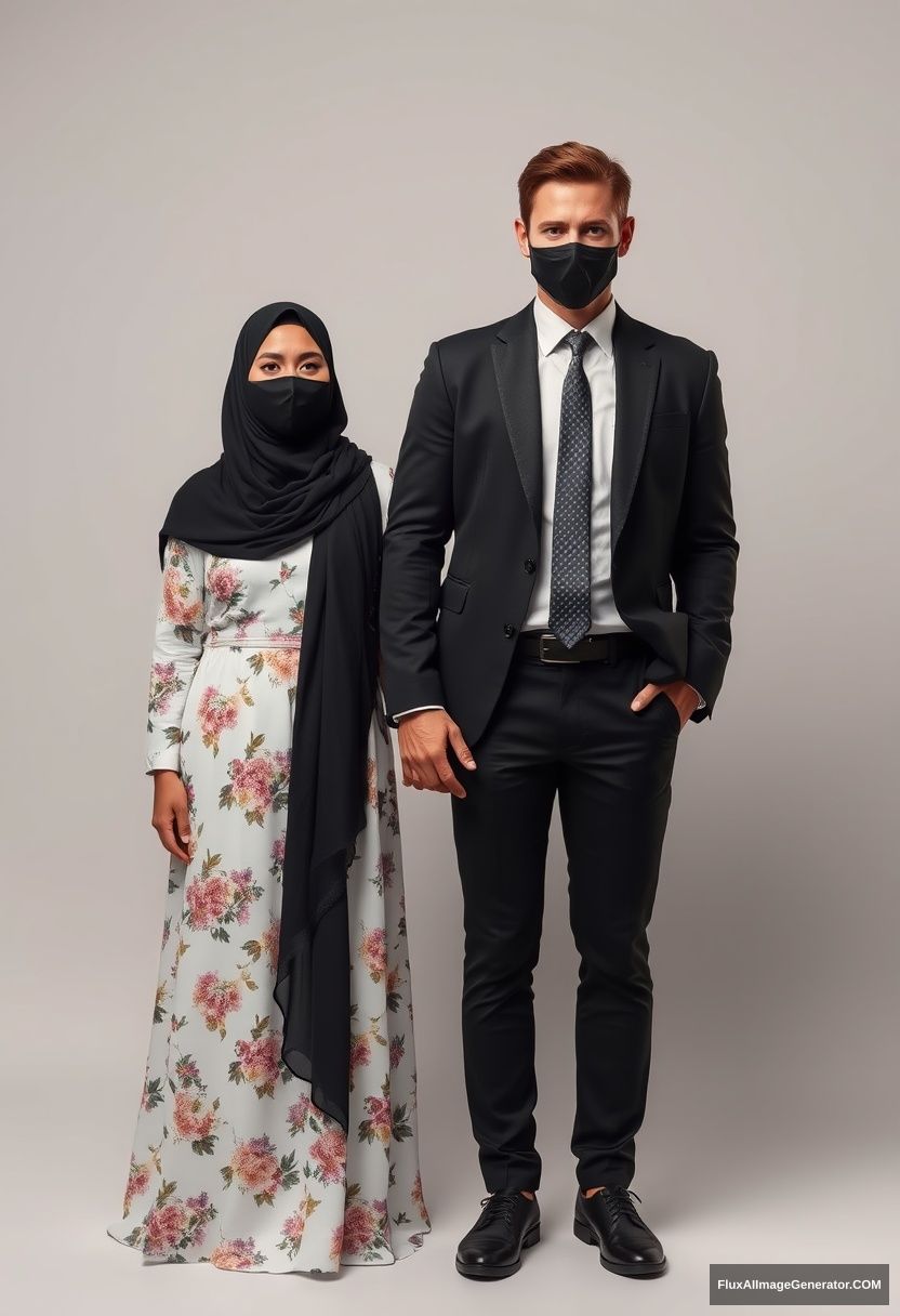 A big black hijab girl, beautiful eyes, black face mask, wearing the longest white floral dress, not tall, standing, holding his arm.

Jamie Dornan, youngest, in a black suit coat, white shirt, grey patterned tie, black leather sneakers, tall man, black face mask, fit tough body, standing near her, love couple.

Hyper-realistic, studio photography, photorealistic.