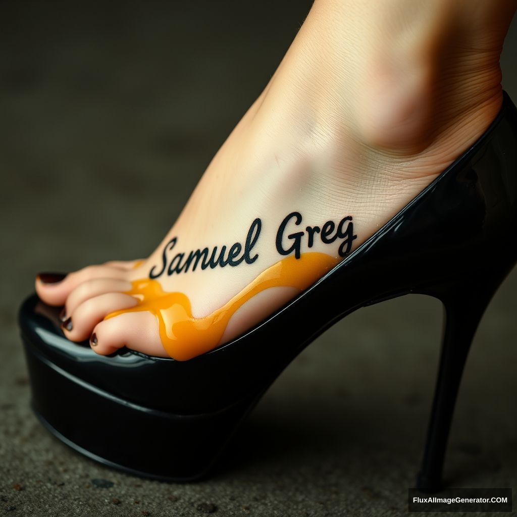 The name "Samuel Greg" on a woman's foot in a black high heel. There is oil all over the foot. - Image