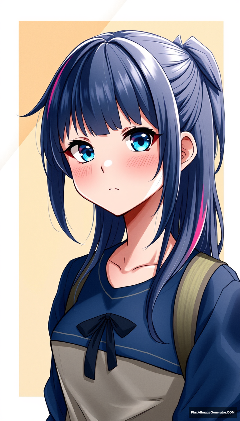 A teenage girl has captivated many with her striking appearance. Wearing a dark blue hue with vibrant highlights, the anime style is important. It's a chest-up drawing with a framed background. - Image