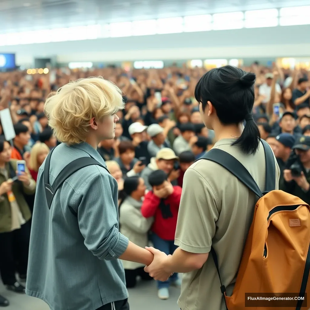 A man with curled, blonde ear-length hair and a man with low pony-tailed black hair are holding each other's hands in front of a huge crowd of fans at the airport. Both are styled like K-pop idols, and the blonde man is slightly taller than the black-haired man. - Image