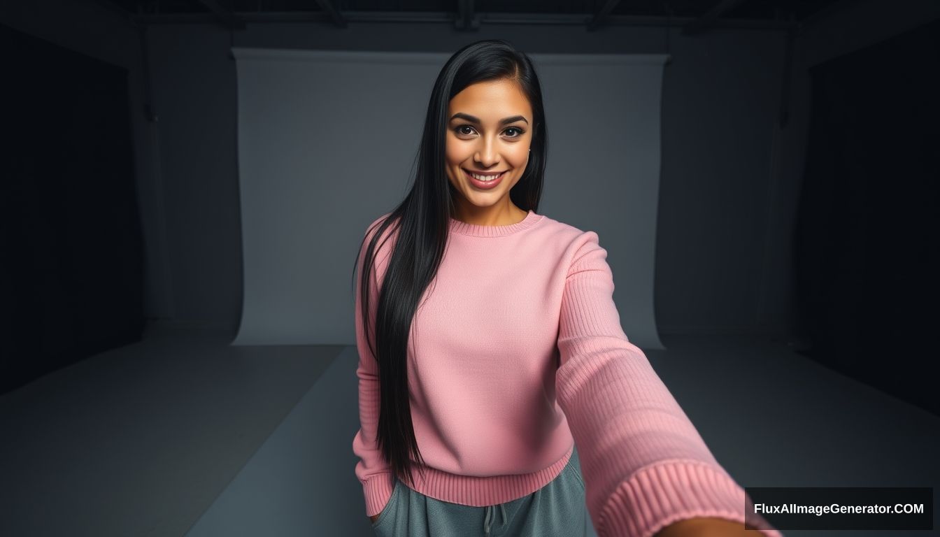 30-year-old brunette woman in an empty photography studio. Straight, slicked-back long black hair. Nighttime. Dark. Wearing a long cute pink sweater, grey baggy pants. Smiling. Style in the form of a selfie from the front-facing camera. POV. - Image