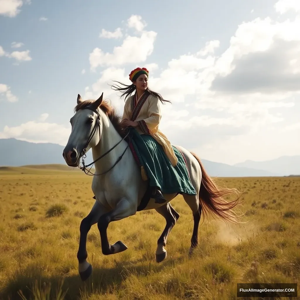 A Tibetan beauty rides a horse galloping across the grassland.