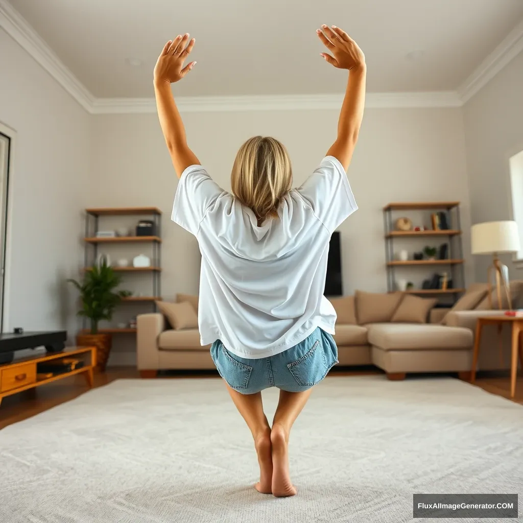 Side view angle of a skinny blonde woman in her large living room, wearing an extremely oversized white t-shirt that is also quite lopsided on one of the sleeves. She has on oversized light blue denim shorts and is barefoot. Facing her TV, she dives headfirst into it, with both arms raised beneath her head and her legs elevated high in the air, positioned at a 60-degree angle. - Image