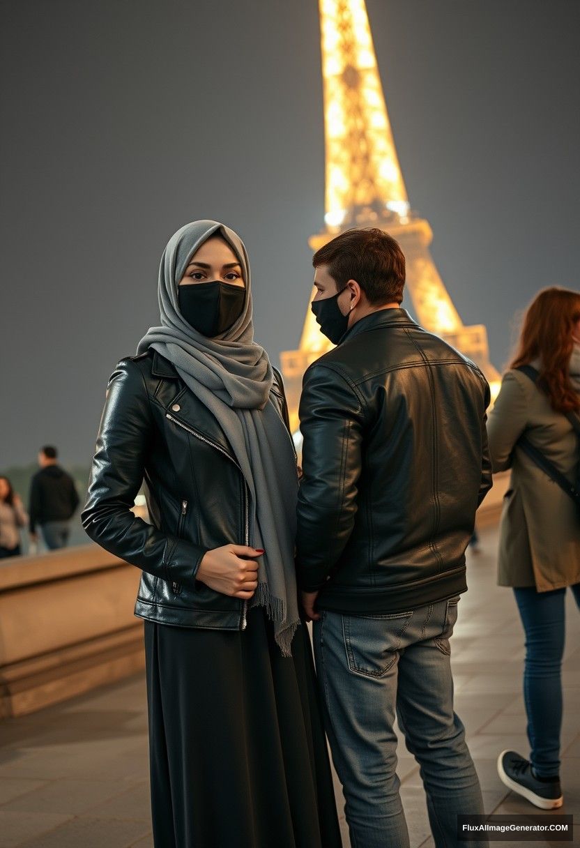 Biggest grey hijab Muslim girl, beautiful eyes, black face mask, leather jacket, the biggest longest skirt, standing near the Eiffel Tower, dating Jamie Dornan, tall, collage jacket, jeans, black face mask, night scenery, strangers' backs, hyper-realistic, photorealistic, selfie.