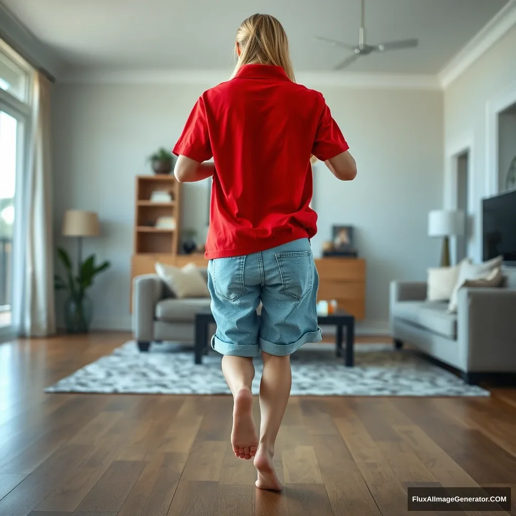 Back view of a skinny blonde woman in her expansive living room, wearing a massively oversized red polo shirt that is uneven on one shoulder, along with oversized light blue denim shorts that are unrolled. She is barefoot and facing the camera as she gets off her chair and runs toward it. - Image