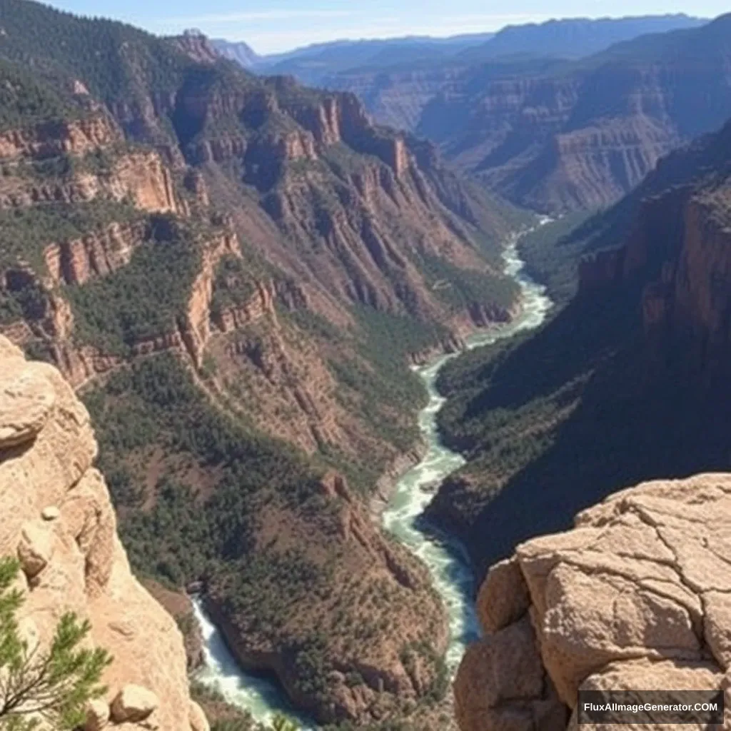 The rushing mountain torrents flow through the Grand Canyon, high mountains, primitive forests, tilt angle close to the stone.