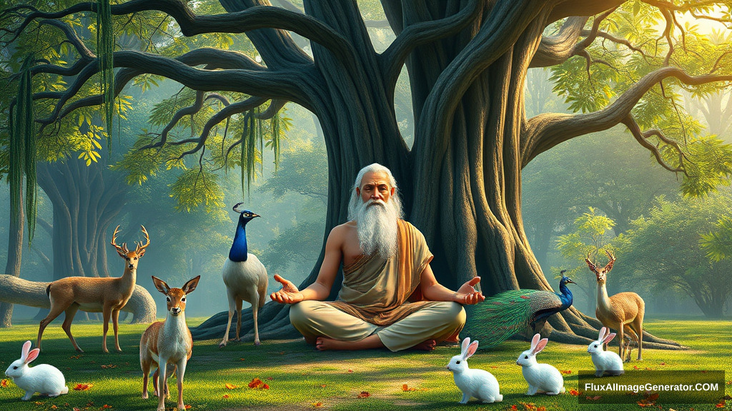 Create an image of an ancient sage meditating in a beautiful forest, sitting under a huge banyan tree. Surrounding him are beautiful animals like deer, peacocks, and white rabbits. Make the image realistic with real subjects.