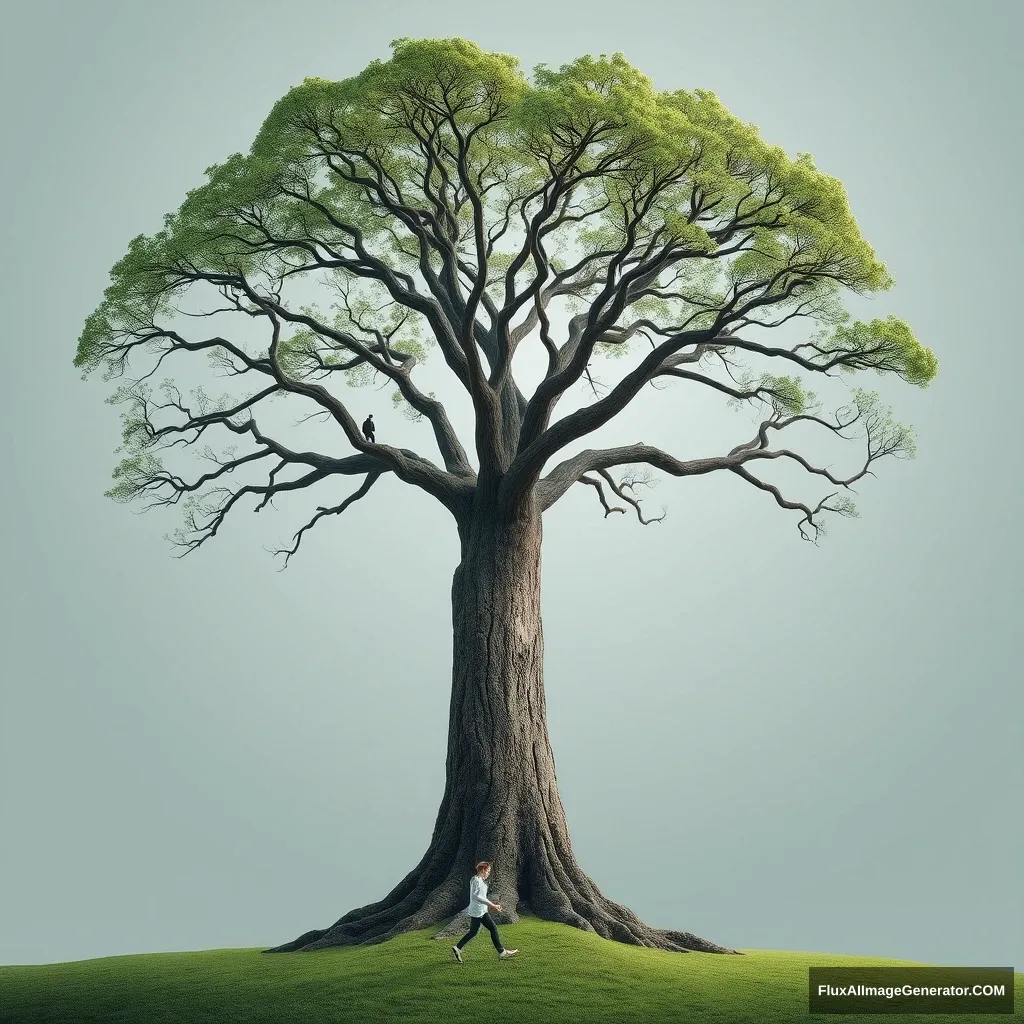 Create an image: A large tree grows from the bottom up. There are many branches on the trunk, and at the end of each branch, there is a person walking alone. - Image