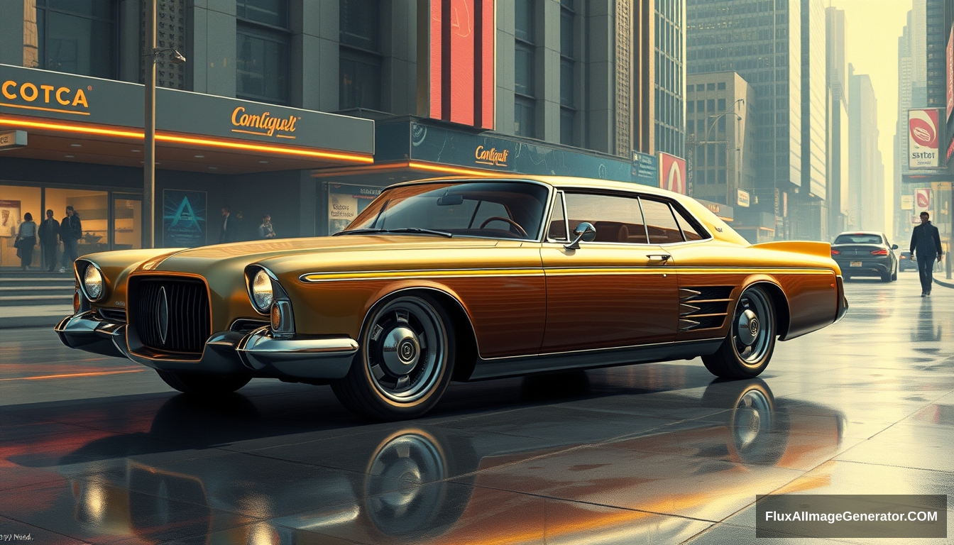 a retro-futuristic luxury sedan concept, as painted by Syd Mead, future city setting, 4k. - Image