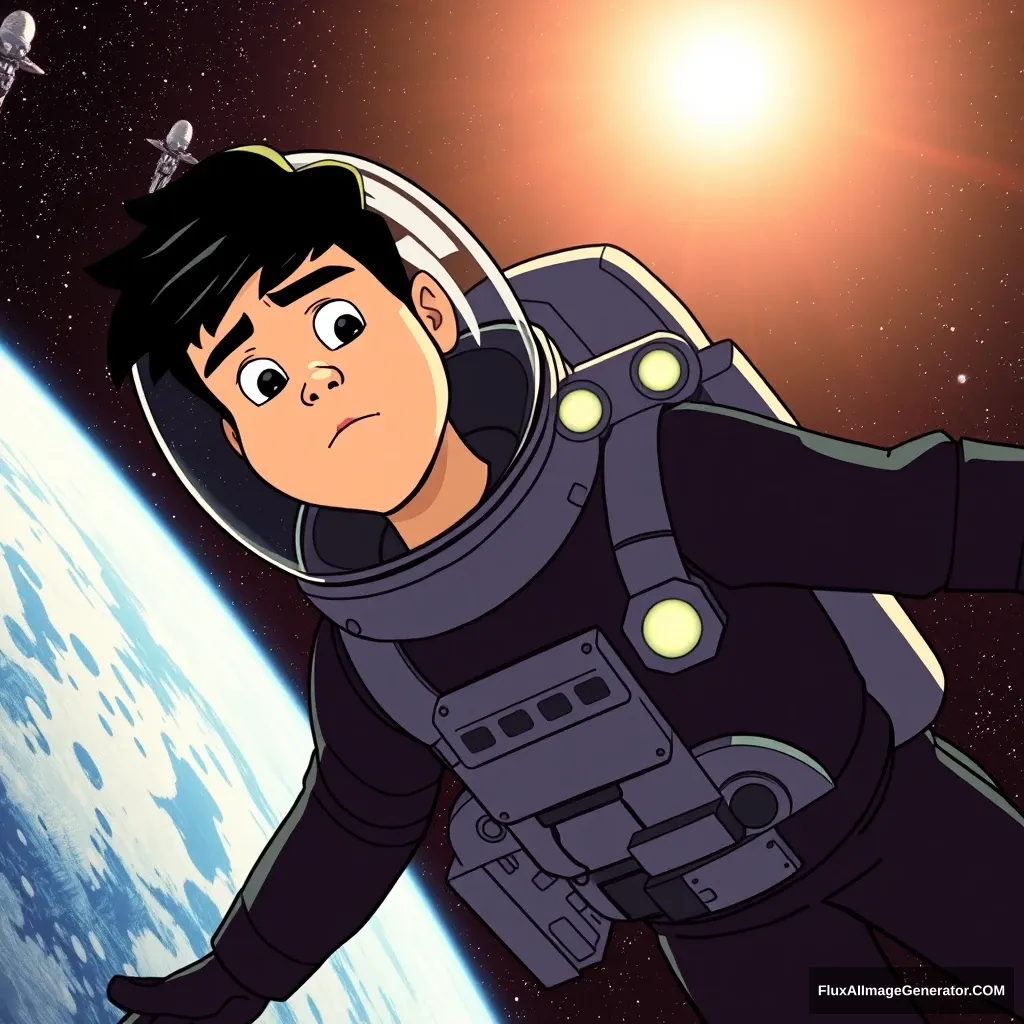 A dark-haired young man is wearing an all-black space suit, with the sun shining on his white face as he floats through outer space, drifting a mile behind a damaged robot that has two light bulbs for eyes about to go out. It's a cartoon from the 70s, captured in a wide, distant shot.