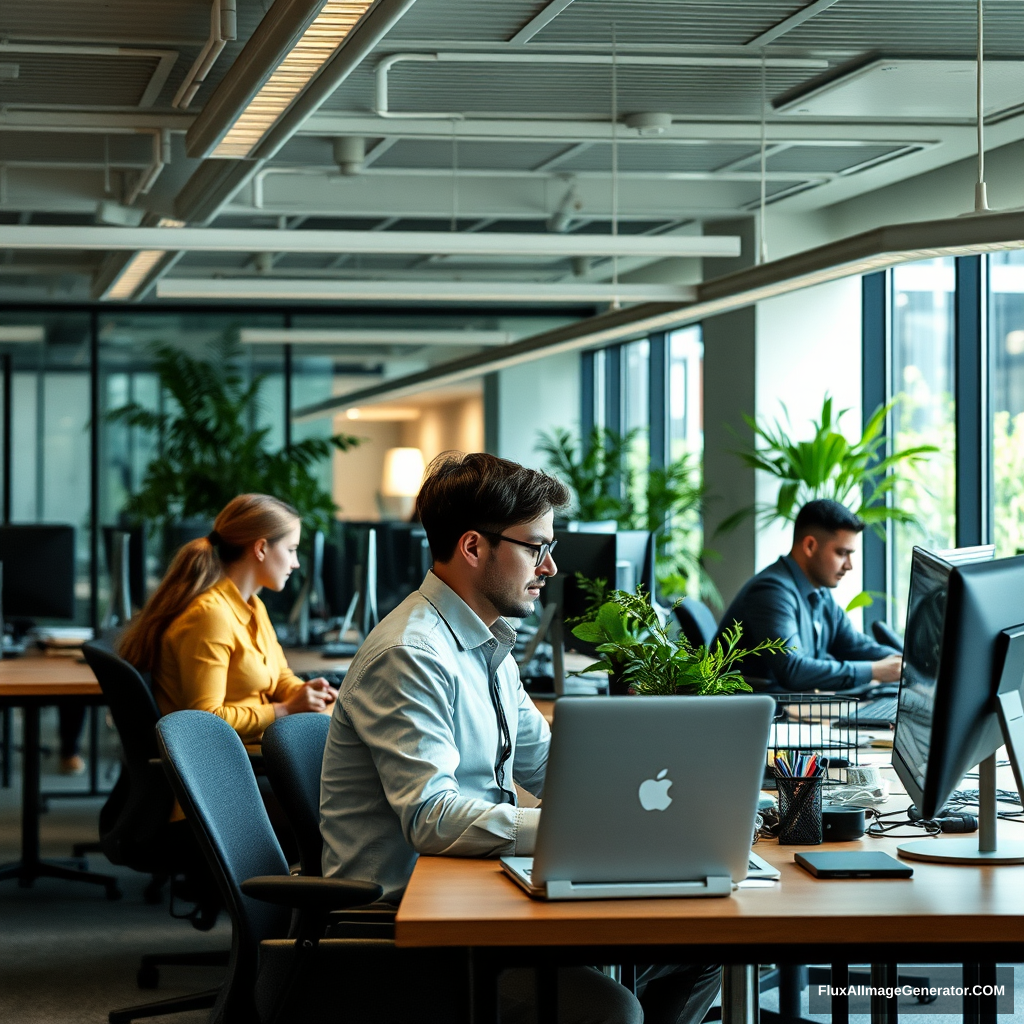 Natural geographic style photography of a corporate office. Employees are working hard to display high performance.