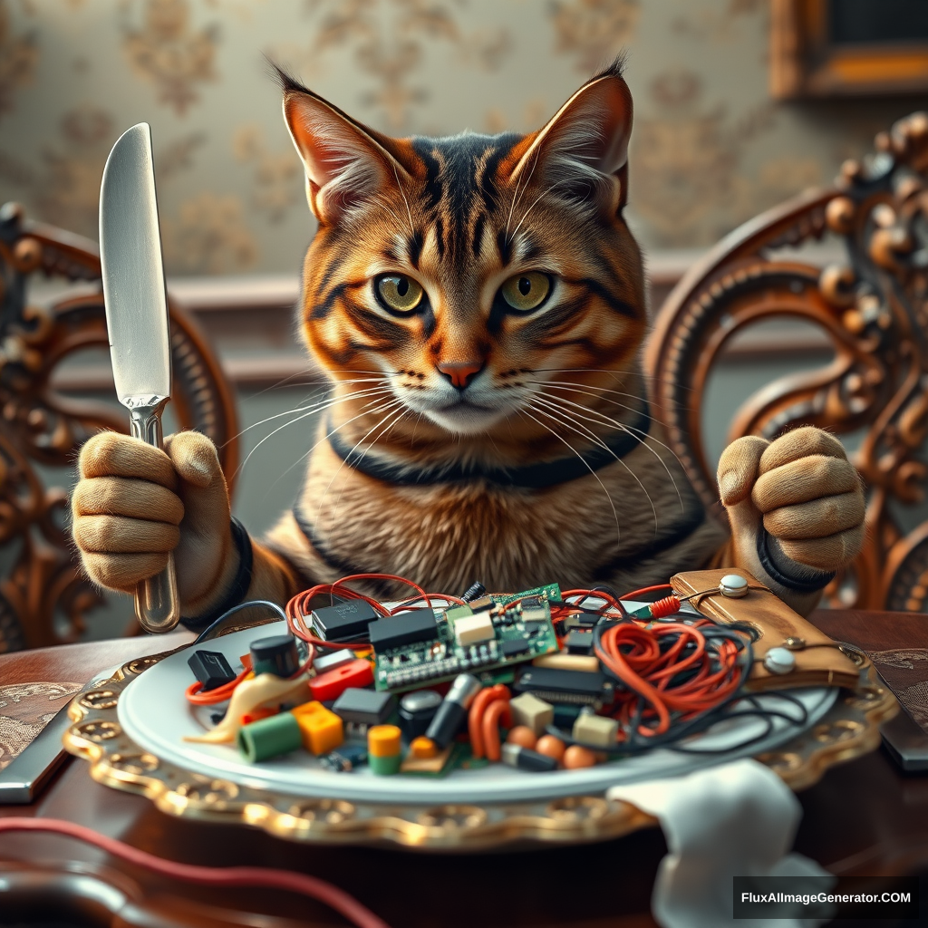 A lifelike tabby cat sits upright at an ornate Victorian dining table, deftly wielding a silver knife and fork. Its plate brims with an assortment of colorful circuit boards, microchips, and tangled wires. Hyper-realistic details capture every whisker, reflecting candlelight in its curious eyes. - Image