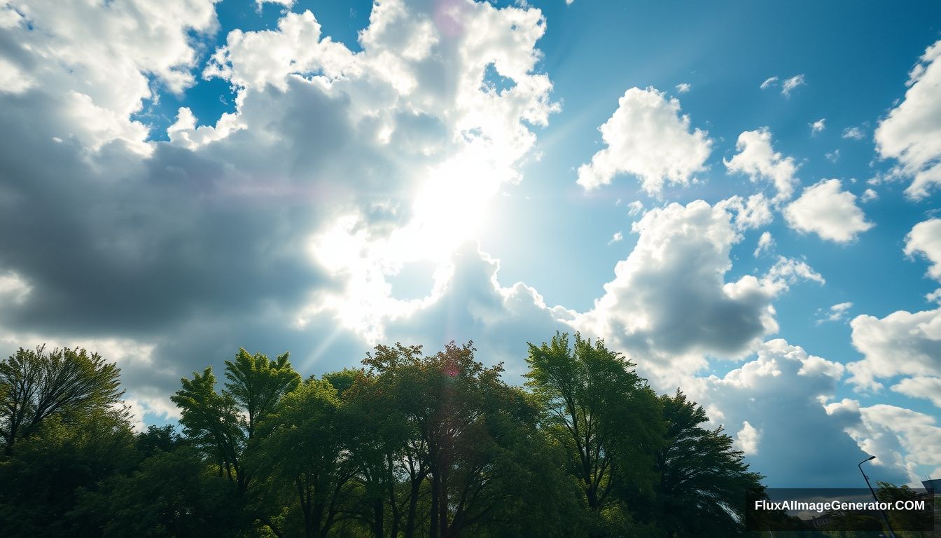 city park, look up view cloudy sky, sunlight, 50mm lens, hyper realistic, landscape photography, magazine aesthetic, 16k, vibrant colors --style raw --ar 16:9 --v 6.0