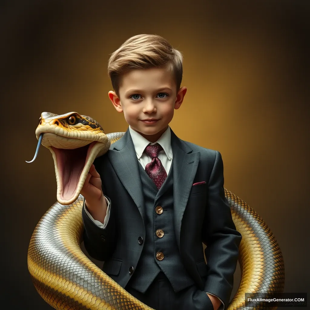 Cute young guy in 3-piece suit with a giant snake. - Image