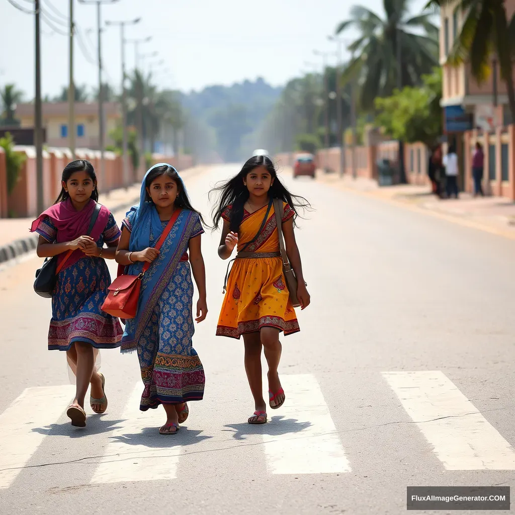 Indian school girls crossing the road.